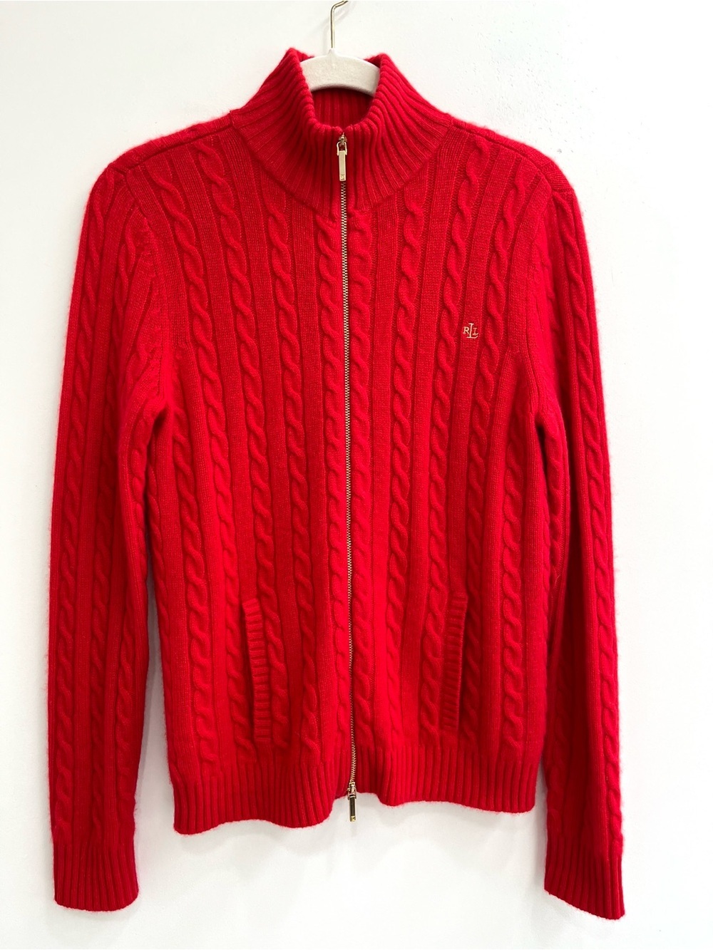Lauren Ralph Lauren 100% cashmere red cable knit sweater full zip gold hardware